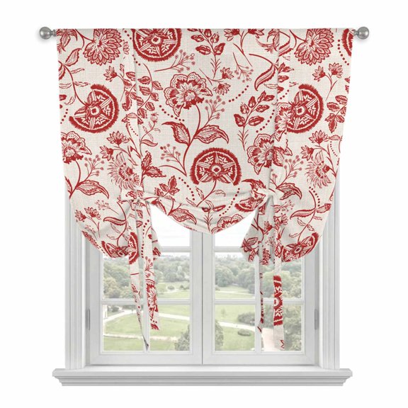 Red Spring Floral Tie Up Curtains for Kitchen Windows,Adjustable Rod Pocket Valance 45 Inch Short, Summer Botanical Farmhouse Window Treatment Balloon Roman Blind Shade, 42" x 45"