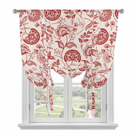 Red Spring Floral Tie Up Curtains for Kitchen Windows,Adjustable Rod Pocket Valance 54 Inch Long, Summer Botanical Farmhouse Window Treatment Balloon Roman Blind Shade, 42" x 54"