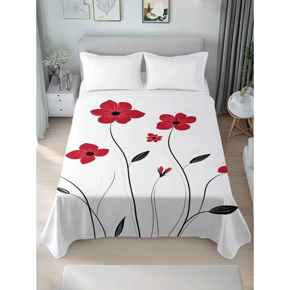 Red Spring Floral Twim Size Flat Sheet, Wrinkleproof & Fadeproof Cooling Flat Bed Sheet Only, Pastoral Summer Botanical Elegant Breathable Soft Bedding Top Sheets 66 x 96 Inches