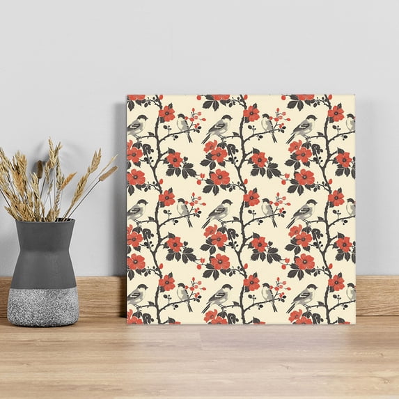 Red Spring Floral Wall Art Painting on Canvas, Vintage Birds Summer Botanical Canvas Art Home Prints Wall Art Framed Modern Artwork for Living Room Bedroom Wall Decor 8x8in