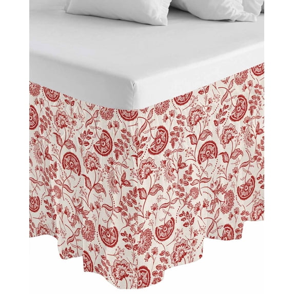 Red Spring Floral Wrap Around Bed Skirts for King Bed 16" Drop, Bed Skirt with Adjustable Elastic Belt Dust Ruffle Bed Valance for Bedroom Hotel Luxury Summer Botanical Farmhouse Bed Frame Cover