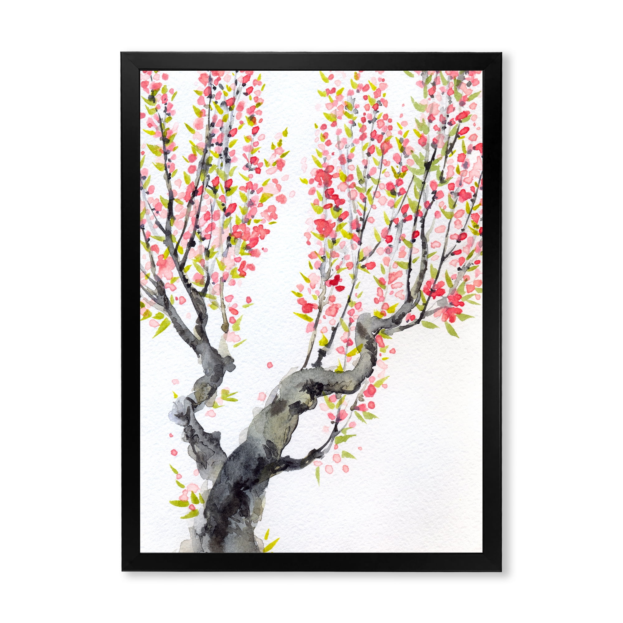 Red Spring Flowers On Tree Branches 16 in x 32 in Framed Painting Canvas Art Print, by Designart