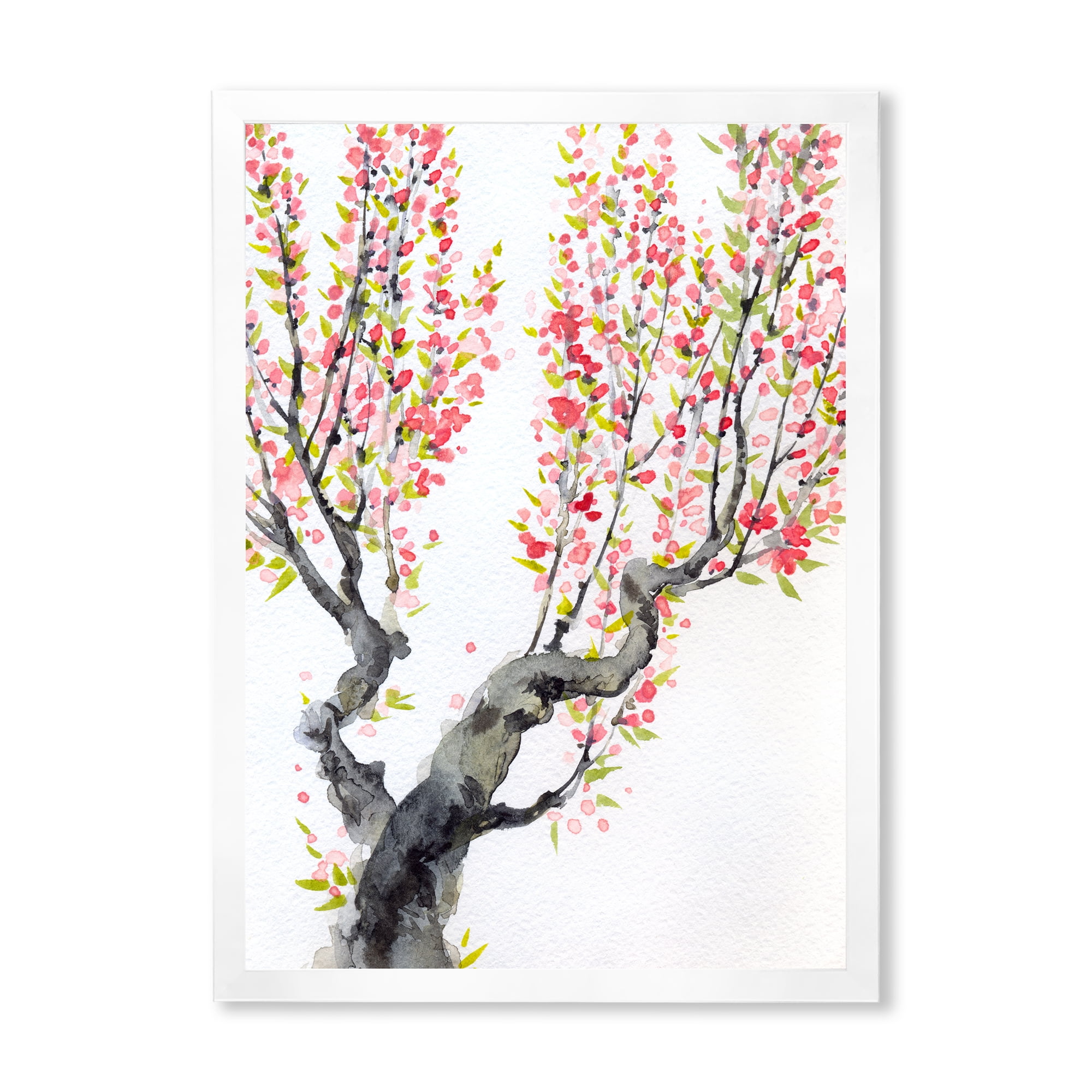 Red Spring Flowers On Tree Branches 20 in x 20 in Framed Painting Canvas Art Print, by Designart