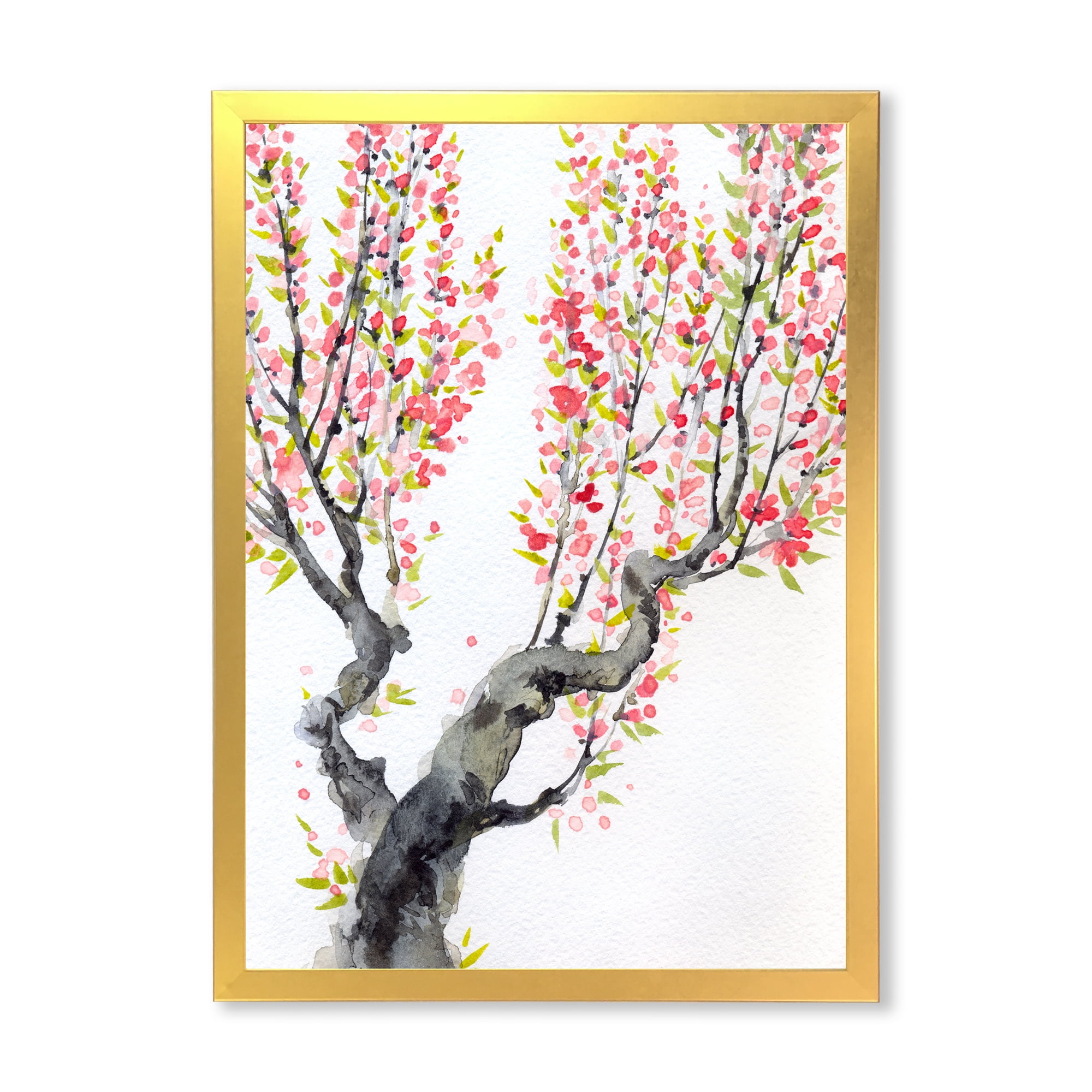 Red Spring Flowers On Tree Branches 30 in x 40 in Framed Painting Canvas Art Print, by Designart