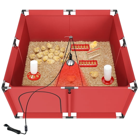 Red Square Brooder Box Starter Kit for Poultry Comes with 250W Heat Lamp, Stand, Roosting Perch, Bedding and Feeding Supplies, Perfect for Chicks, Ducklings and Quail