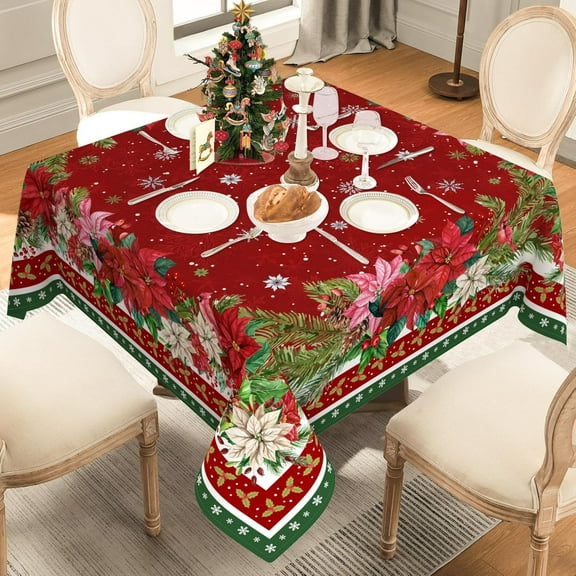 Red Square Christmas Tablecloth 52x52 Inch, Holly Poinsettia Flowers Christmas Square Tablecloth Holiday Xmas Table Cloth Cover for Dinner Kitchen Party Decorations