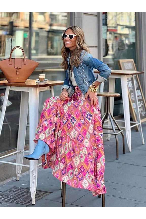 Red Square Geometric Print Tiered Maxi Skirt Elastic Waist Ruffle Hem Boho Style