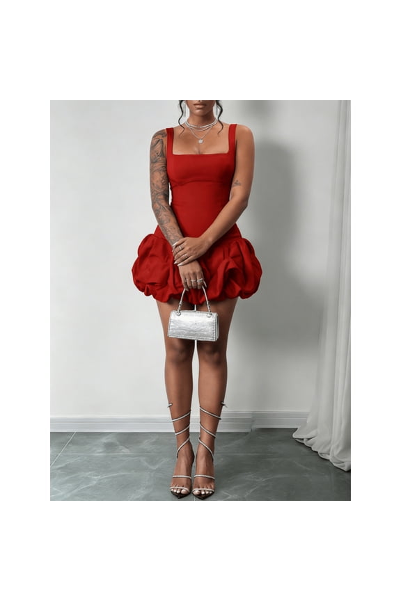 Red Square-Neck Ruffle Mini Dress, Fitted Sleeveless Gown For Date Nights And Cocktail Events