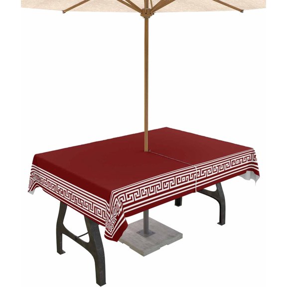 Red Square Outdoor Rectangle Tablecloth with Umbrella Hole 60x120inch Waterproof Tablecloth Zippered Patio Table Cloth, Greek Pattern Wrinkle-Free Decorative Table Cover for Picnic Dining