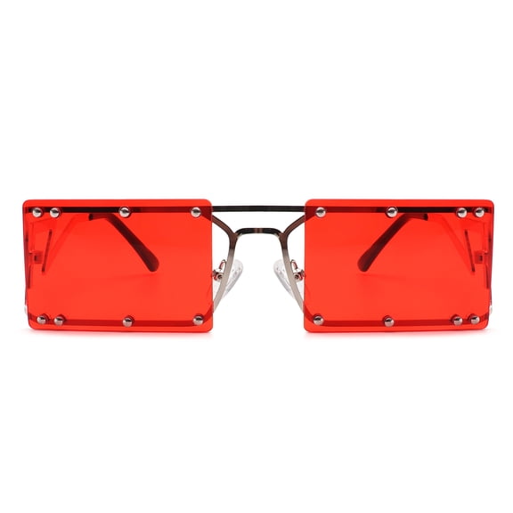 Red Square Sunglasses for Women - Full Red Frame & Lens Stud Detail UV Protection Trendy Eyewear for Festival Beach