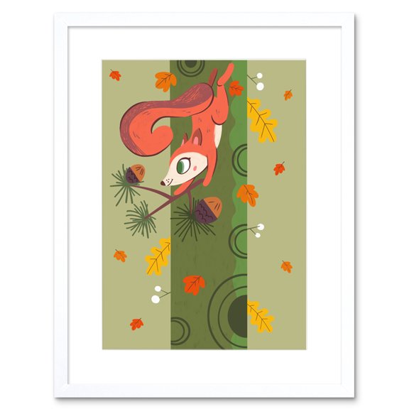 Red Squirrel Acorn Tree Art Print Framed Poster Wall Decor 9x7 inch