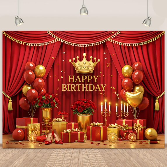 Red Stage Happy Birthday Backdrop Red Gold Balloon Gift Box Birthday Photography Background for Women Gold Crown Birthday Party Decorations Banner Photo Booth Props