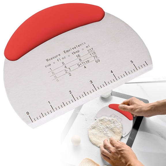 Red Stainless Steel Bench Scraper & Dough Cutter with Measuring Marks, Heavy Duty Pastry Scraper Chopper for Pizza Dough, Bread, Baking, Griddle Cleaning, Non-Slip Heat Resistant Handle, 16×10cm