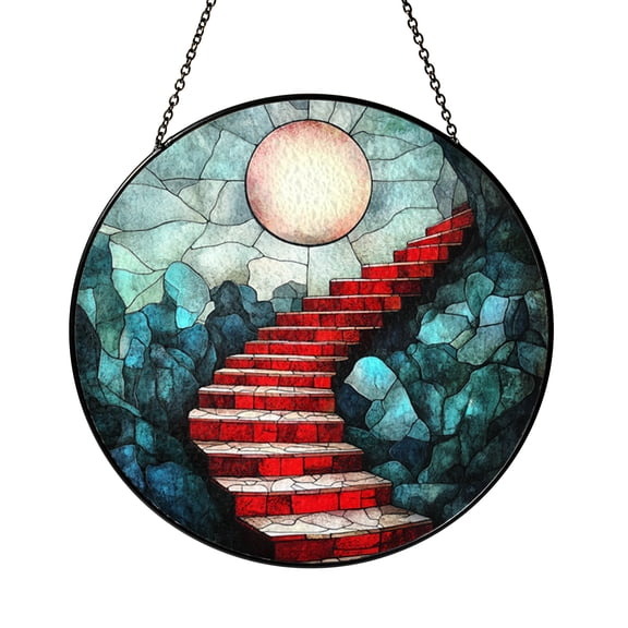 Red Staircase Night Scene Stained Glass Style Suncatcher – Window Decor