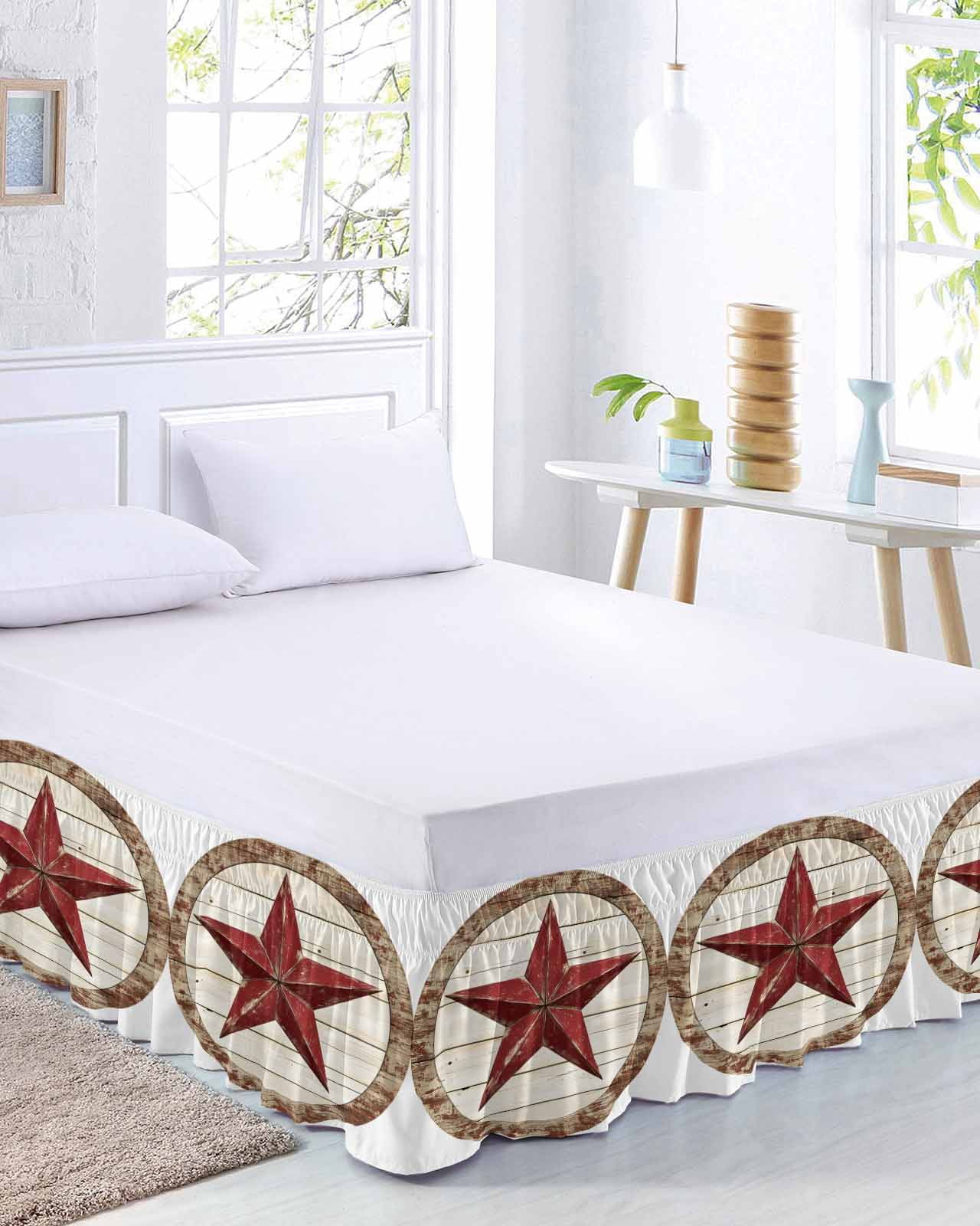 Red Star Bed Skirt California King Size 18 Inch Drop, Country Star Adjustable Elastic Dust Ruffles Bedskirt Wrap Around Pleated Mattress Frame Cover