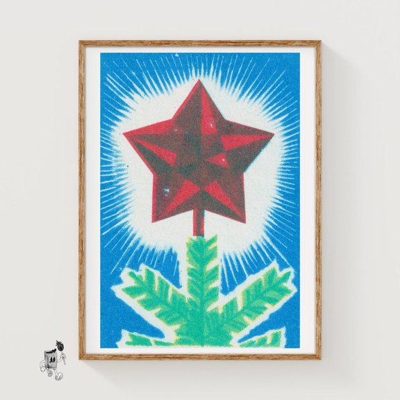 Red Star Christmas Tree Matchbox Art Print Russian Vintage Propaganda (Festive Decor)
