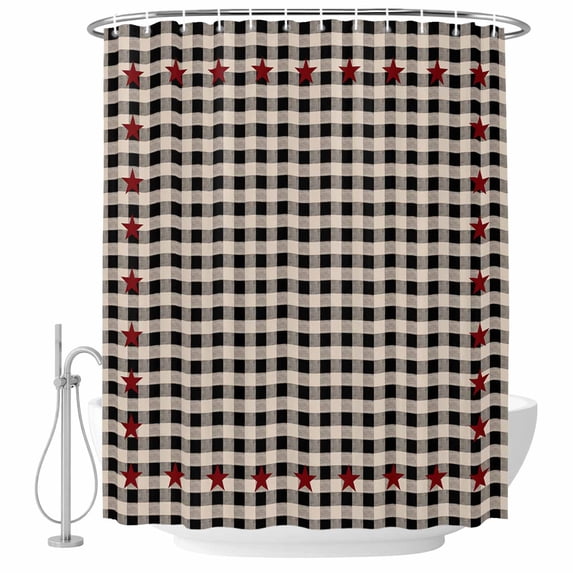 Red Star Rustic Fabric Shower Curtain Country Buffalo Check Plaid Washable Shower Curtains for Bathroom, Waterproof Bath Curtain with Hooks Home Decor 72x72in