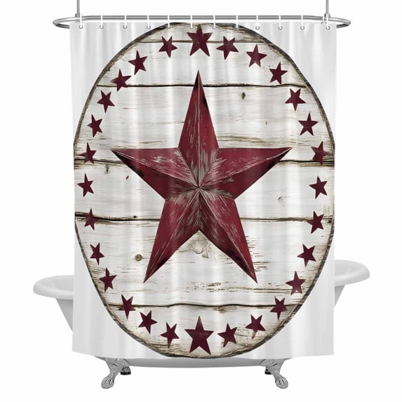 Red Star Shower Curtain for Bathroom, Country Star Waterproof Cloth Fabric Bathroom Accessories Set with 12 Rust Proof Plastic Hooks, 54"x78"