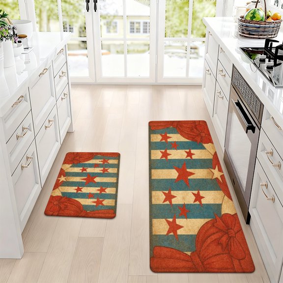 Red Star Striped Curtain Pattern Floor Mat, 11mm Sponge Thickness, 580g Kitchen Carpet for Entrance Living Room Bedside Corridor, Sizes 40x60 50x80 17.72x47.24inch