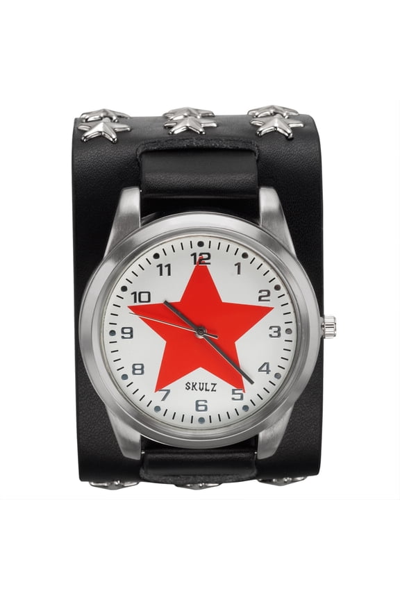 Red Star on White - Leather Strap Watch with Star Studs