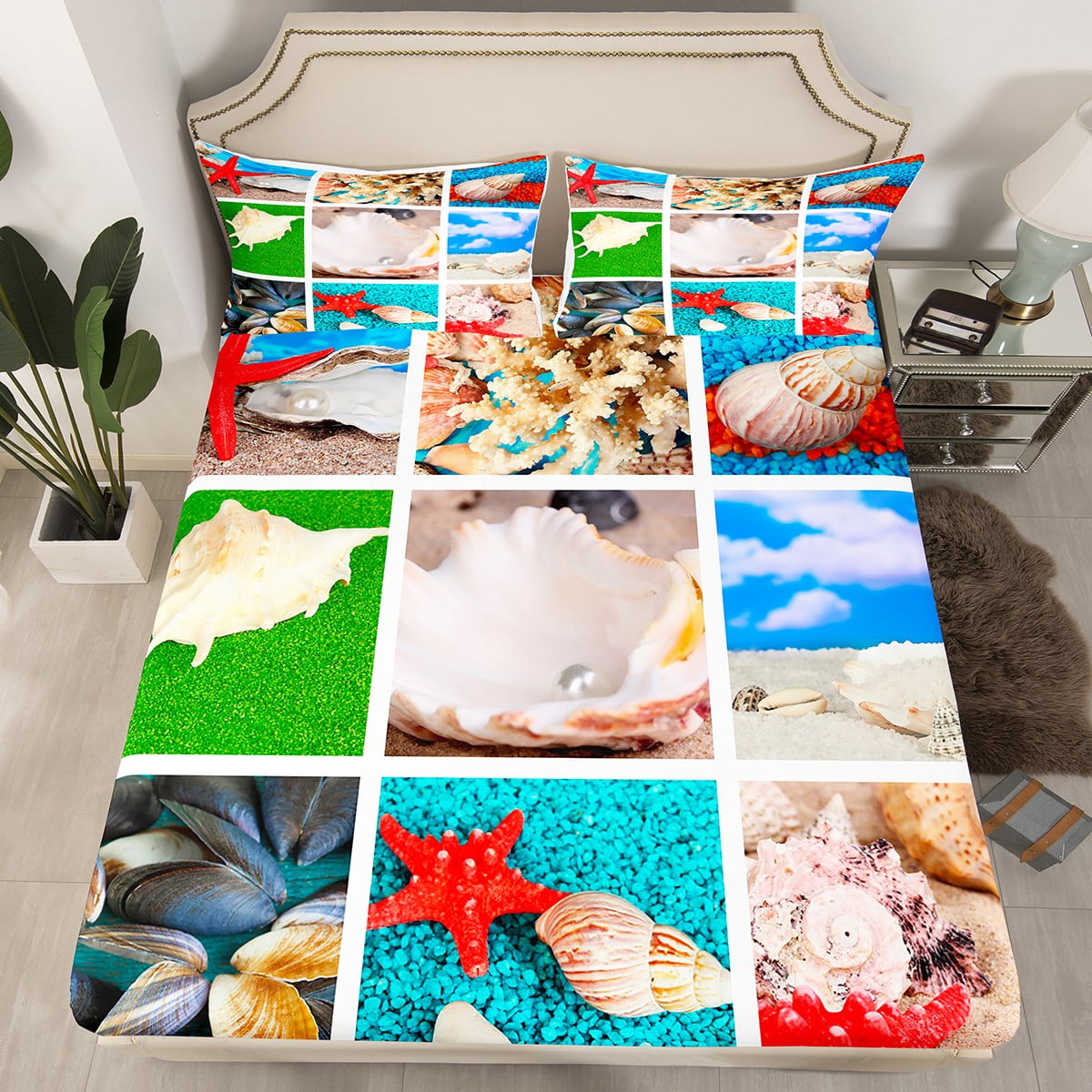 Red Starfish Bed Sheets Beaches Bedding Set for Women Adults Boys,Blue