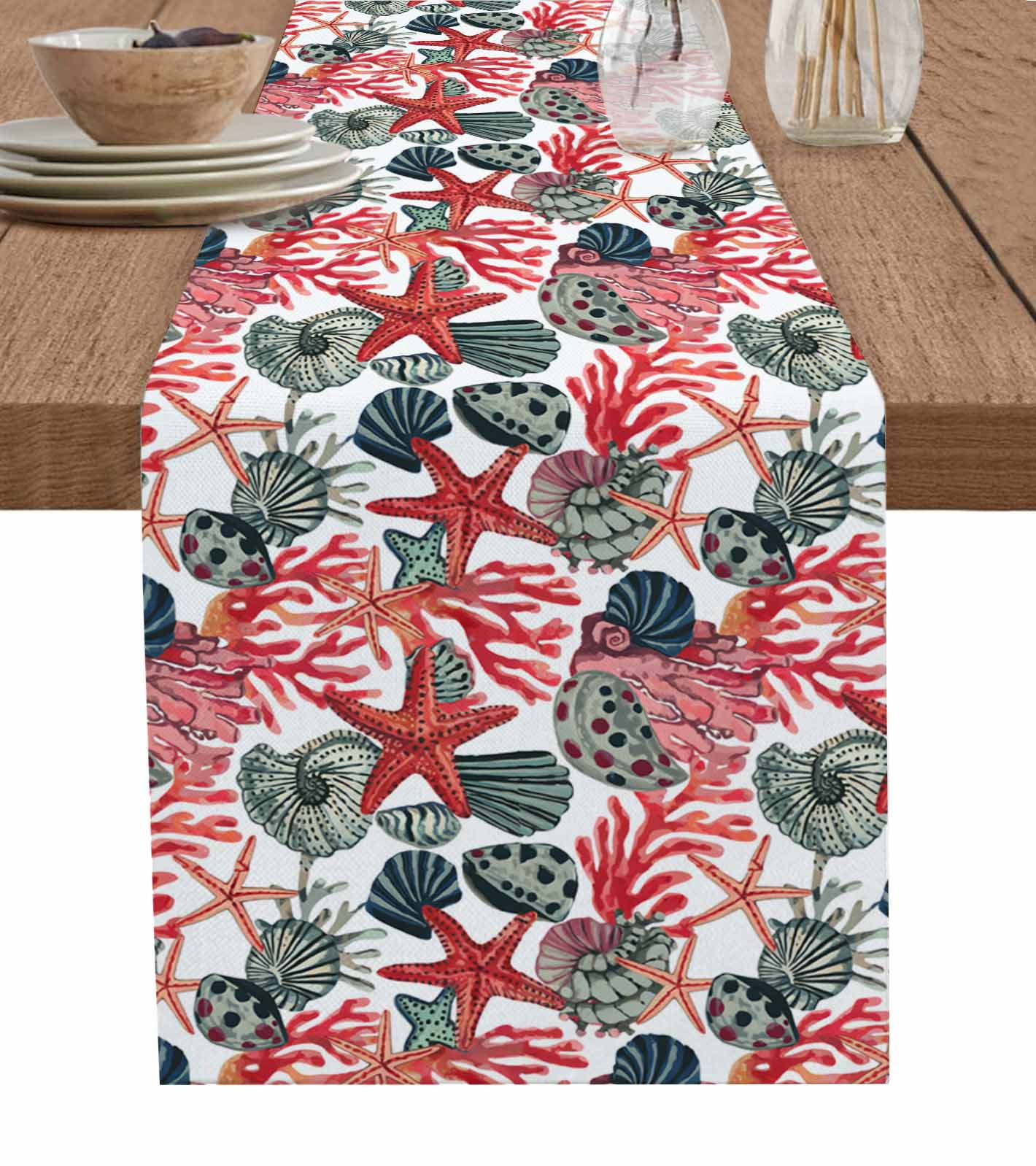 Red Starfish Coral Burlap Cotton Table Runner 13x120 Inches Long, Retro ...
