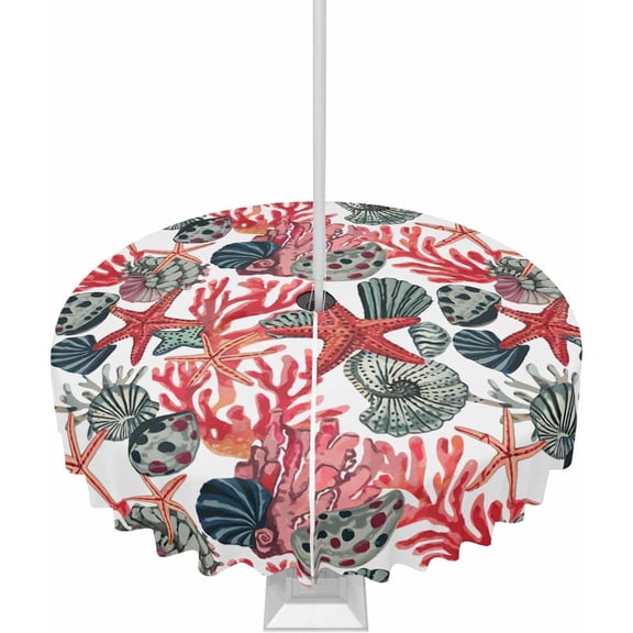 Red Starfish Coral Outdoor Tablecloth with Umbrella Hole Round, Shell Summer Coastal Watercolor Waterproof Table Cloth Washable Wipeable Cover Spill Proof for Patio Spring Summer Picnic BBQ 60"
