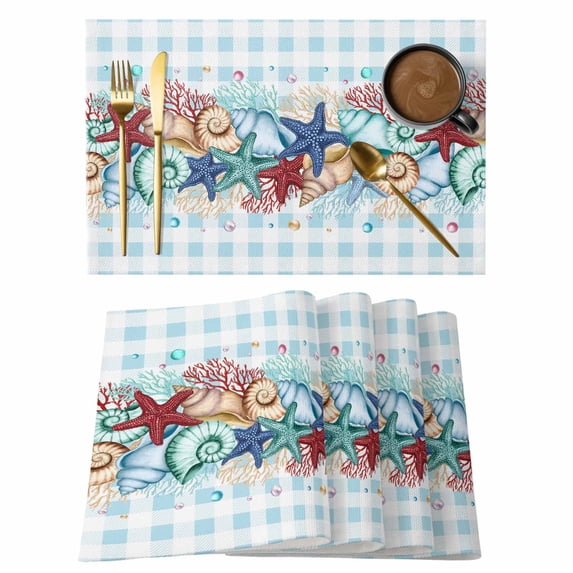 Red Starfish Placemats Set of 12, Summer Conch Coral Beach Blue Plaid Placemats for Dining Table, Place Mats for Kitchen Tabletop, Waterproof Wipeable Dining Table Mats Set