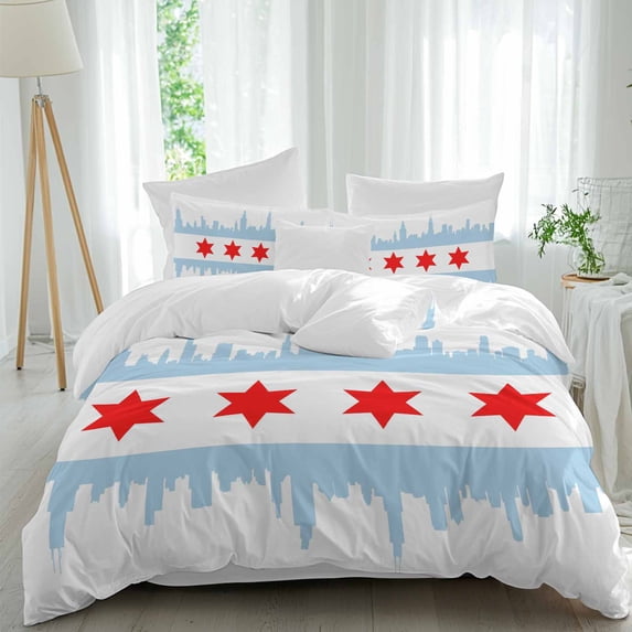 Red Stars Comforter Set Full Size, Blue Color Blocks City Abstract Art Simple Soft Bedding Set for Man Woman, 4 Pieces Duvet Cover Set with Fitted Sheet, 2 Pillowcases