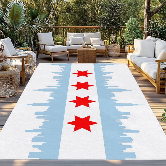 Red Stars Indoor Outdoor Rugs 3x5 Ft, Blue Color Blocks City Abstract Art Simple Outdoor Patio Rugs Mat Washable Outside Area Rugs Carpet for Porch Deck RV Camping Pool Balcony Backyard