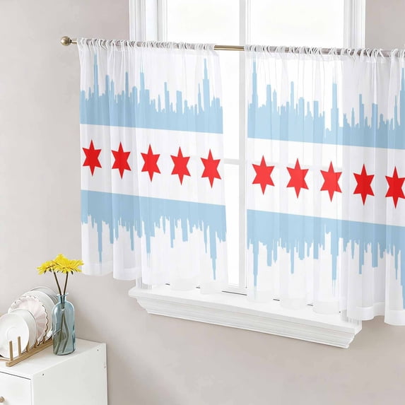 Red Stars Sheer Curtains 45 Inch Length 2 Panels Set - Light Filtering Window Treatments, Modern Abstract Art Blue Rod Pocket Semi Curtains for Living Room/Bedroom/Kitchen Décor, 104"W x 45"L