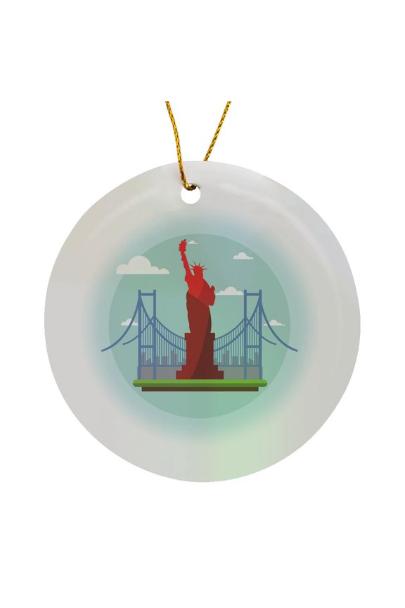 , Red Statue of Liberty Brooklyn Bridge on Green Platform Trendy Work, Circle Porcelain Ornament
