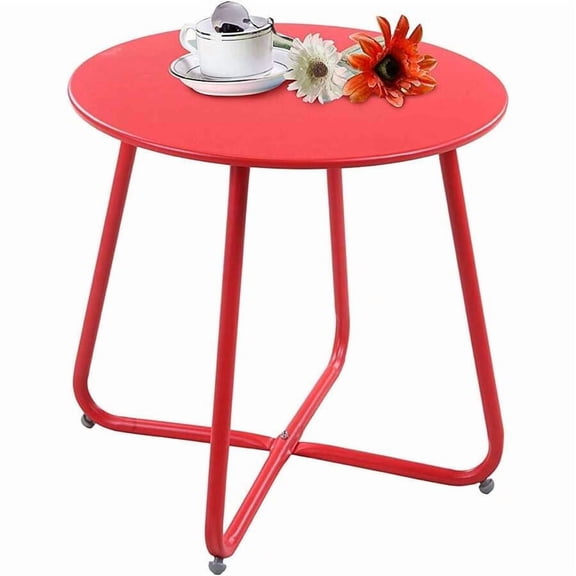 Red Steel Round Side Table For Indoor Outdoor Use Weather Resistant Bistro End Table For Patio Garden Living Room