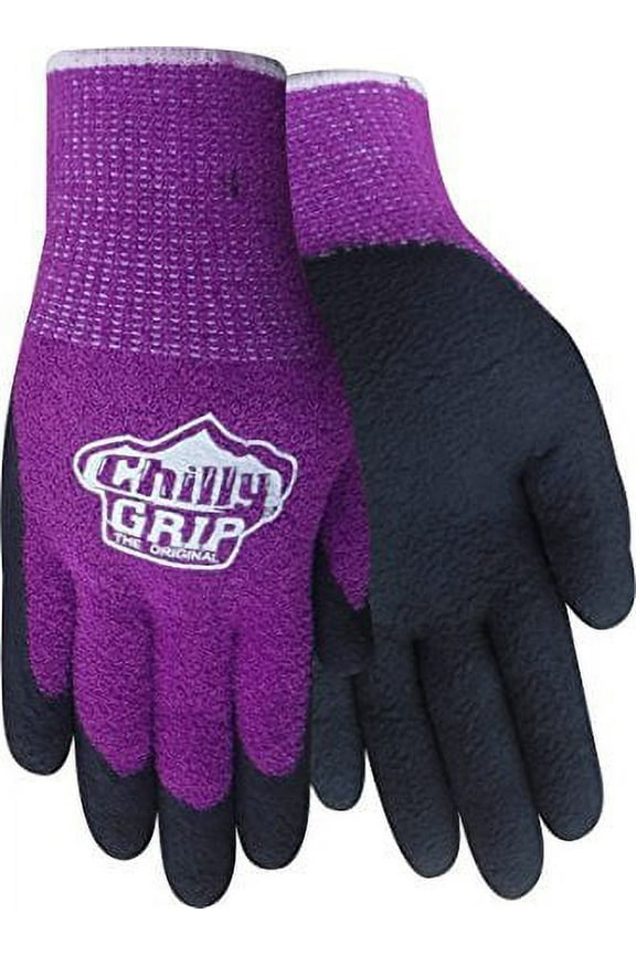 A310, Chilly Grip Women's Chenille Glove, Textured Foam Rubber Palm, Thermal Knit Liner, Purple and Black, Medium