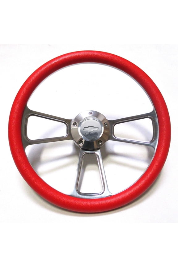 Red Steering Wheel 14" Billet Muscle Style Wheel with Chevy Bowtie Horn Button"