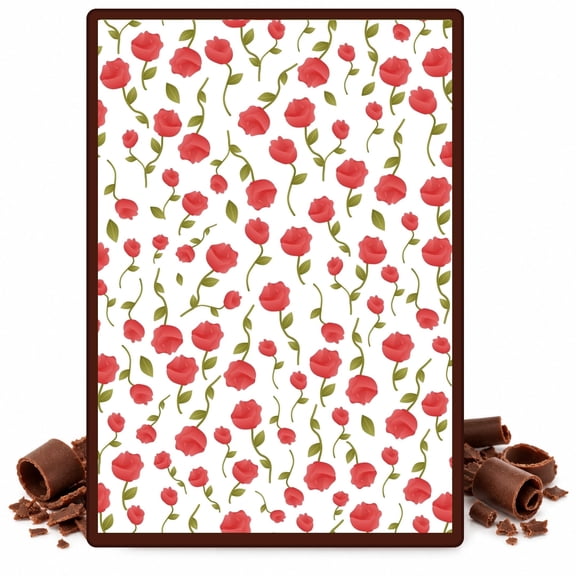 Red Stemmed Rose Pattern Edible Chocolate Transfer Sheet, by TNCT. (1 Count)