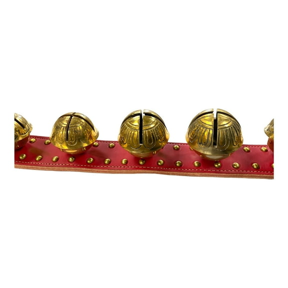 Red Stitched Studded Leather Sleigh Bell Door Strap Solid Brass Bells 101 Inch