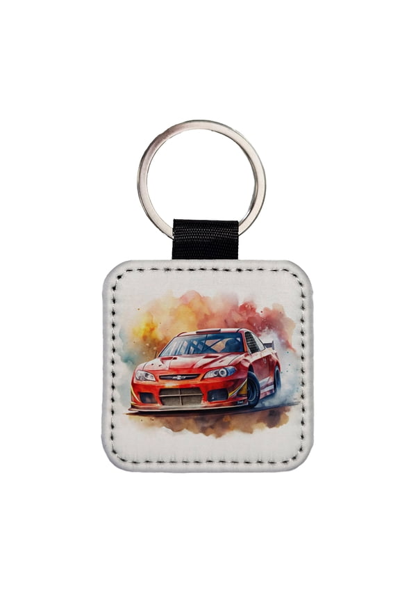 Red Stock Racing Car Watercolor Faux Leather Square Keychain