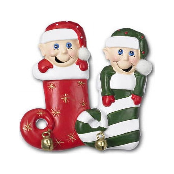 Red Stocking Elves Family of 2 Personalized Christmas Ornament DO-IT-YOURSELF
