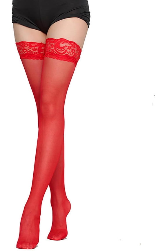 Red Stockings for Women - Thigh High Stockings with Sexy Lace Top, Anti-Skid Silicone Long Socks for Heels, Fashionable Ladies Leg Costumes (One Size)