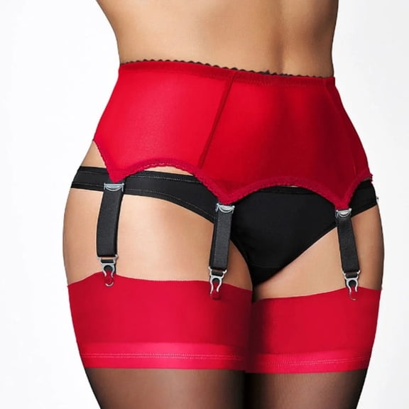 Red Stockings Women's Sexy Lace Garter Belt with 6 Straps Metal Clip Suspender for Thigh High Stockings