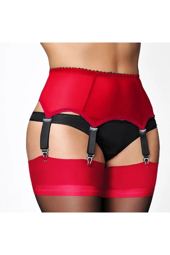 Red Stockings Women's Sexy Lace Garter Belt with 6 Straps Plastic Clip Suspender for Thigh High Stockings