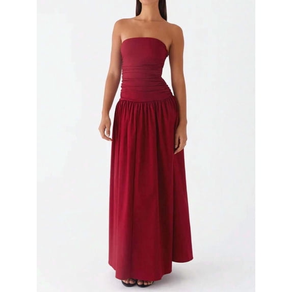 Red Strapless Ruched Drop Waist Maxi Dress Flowy A-Line Evening Gown