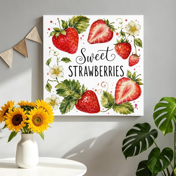 Red Strawberries Canvas Wall Art, Fruit Sweet STRAWBERRIES Text Green Leaf Floral Pictures Wall Decor Wooden Framed Artwork Art Prints for Living Room Hallway Bedroom Office 8"x8"