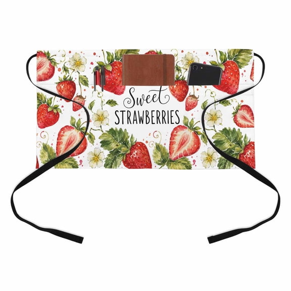 Red Strawberries Kitchen Restaurant Half Waist Apron, Fruit Sweet STRAWBERRIES Text Green Leaf Floral Server Short Apron with 3 Pockets Waterproof Oil Waist Aprons for Women Waitress Waiter