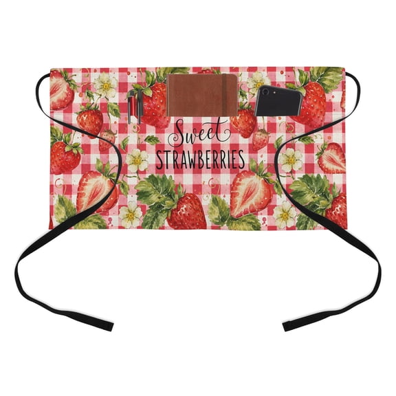 Red Strawberries Kitchen Restaurant Half Waist Apron, Fruit Sweet STRAWBERRIES Text Green Leaf Red Plaid Server Short Apron with 3 Pockets Waterproof Oil Waist Aprons for Women Waitress Waiter