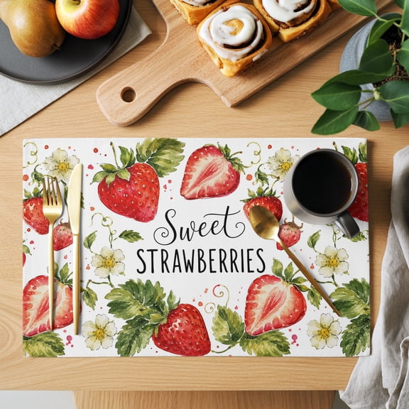 Red Strawberries Placemats Set of 1 Fruit Sweet STRAWBERRIES Text Green Leaf Floral Heat Insulation Washable Place Mats, Non-Slip Table Mats for Dining Table Party Kitchen Decor, 13x19 Inch