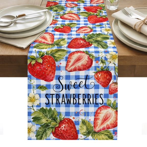 Red Strawberries Table Runner, Fruit Sweet STRAWBERRIES Text Green Leaf Blue Plaid Washable Kitchen Table Runners for Dining Table Decorations Party/Restaurant/Indoor Outdoor Use, 13x36in