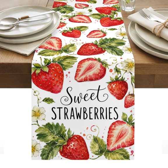 Red Strawberries Table Runner, Fruit Sweet STRAWBERRIES Text Green Leaf Floral Washable Kitchen Table Runners Dress Scarves for Dining Table Decorations Party/Restaurant/Indoor Outdoor Use, 13x36in