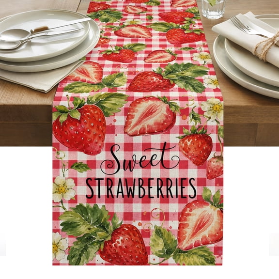 Red Strawberries Table Runner, Fruit Sweet STRAWBERRIES Text Green Leaf Red Plaid Washable Kitchen Table Runners for Dining Table Decorations Party/Restaurant/Indoor Outdoor Use, 13x36in